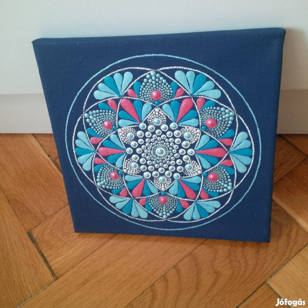 Új! Kék piros mandala kép kézzel festett 20x20cm