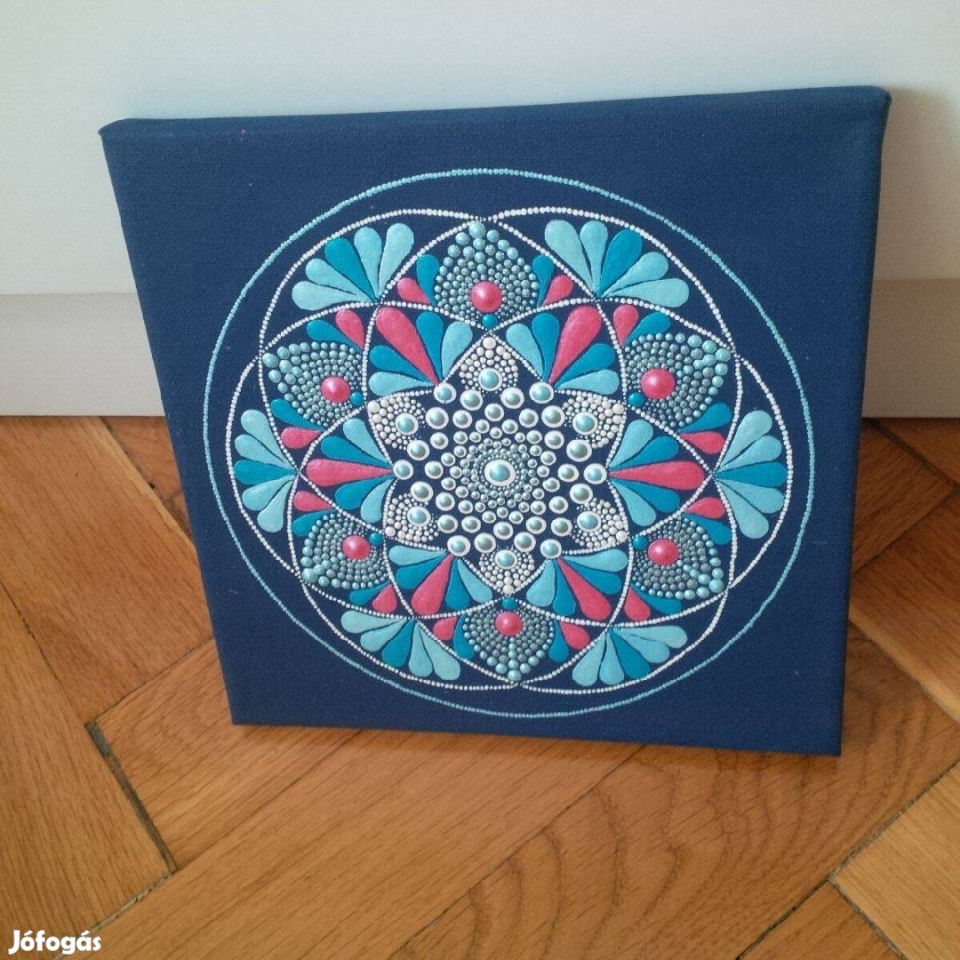 Új! Kék piros mandala kép kézzel festett 20x20cm