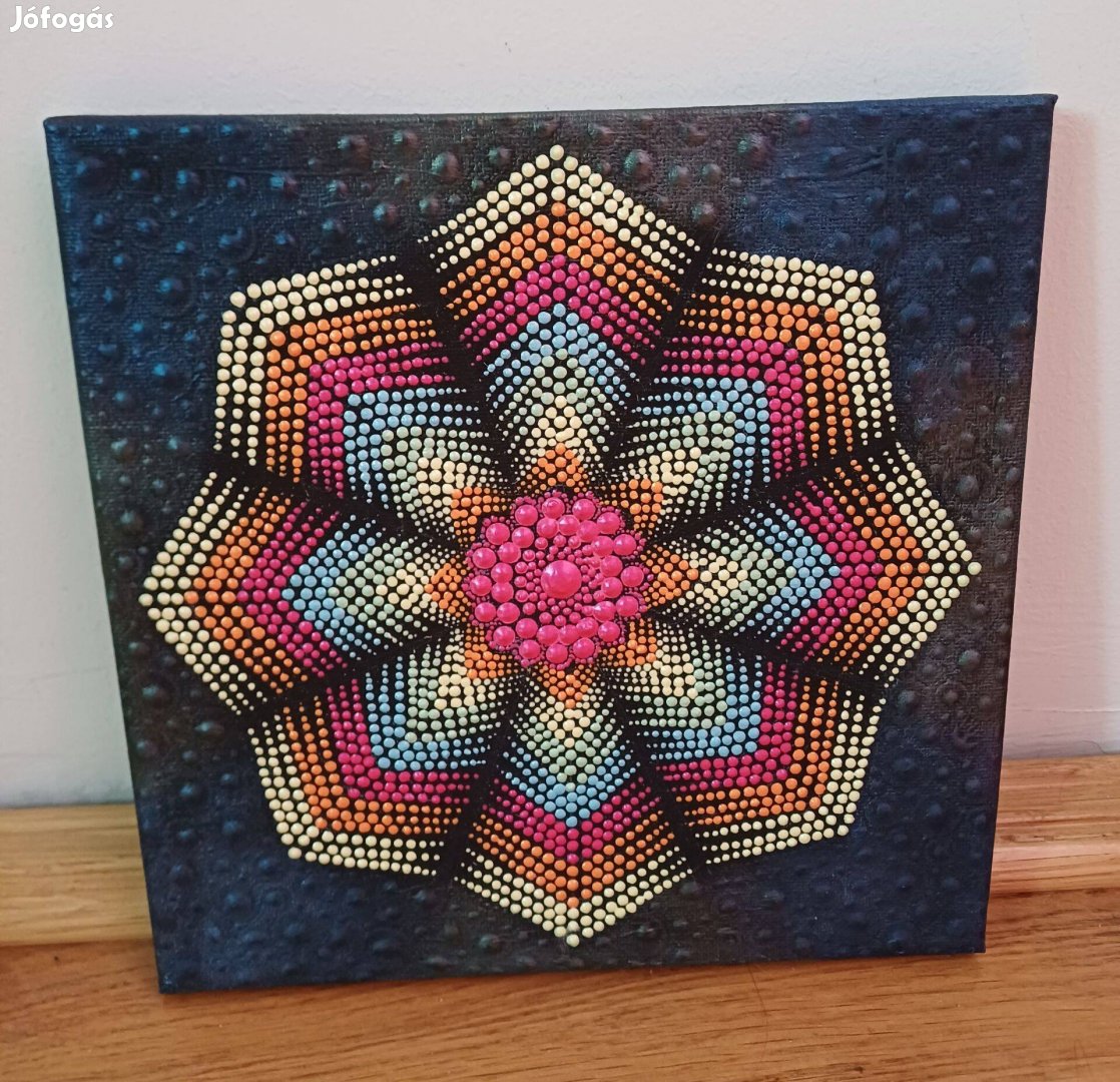 Új! Mandala kép, Szögletes 3D virág, kézzel festett, 20x20cm