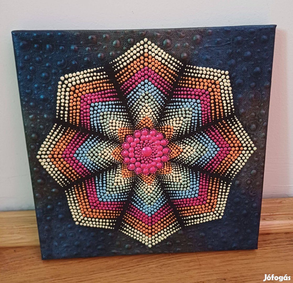 Új! Mandala kép, Szögletes 3D virág, kézzel festett, 20x20cm