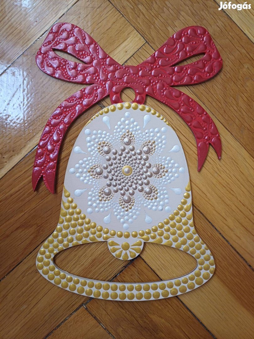 Új! Masnis harang mandala díszítéssel, kézzel festett, 24x16cm