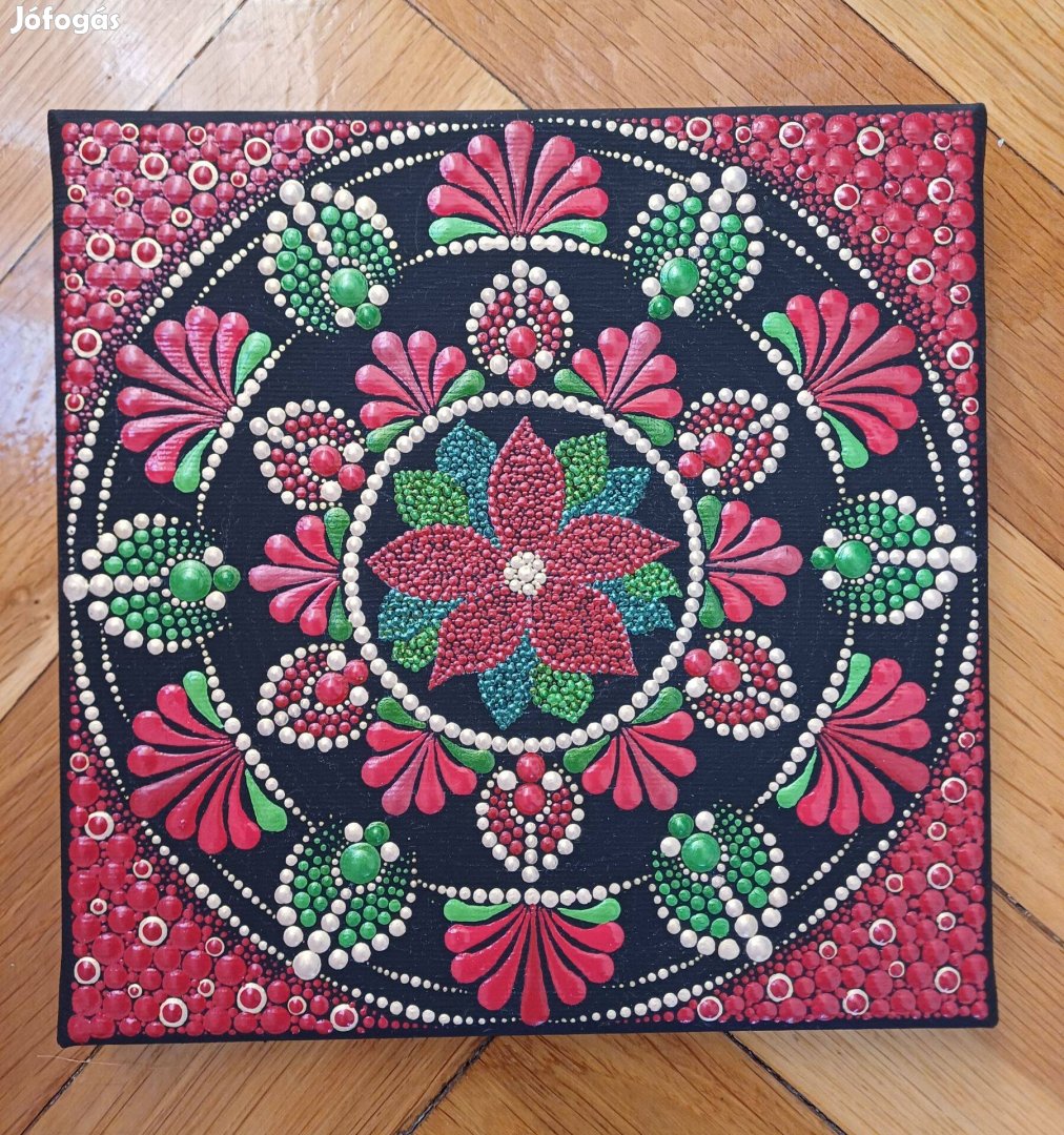 Új! Mikulásvirág piros zöld arany mandala kép kézzel festett 20x20cm