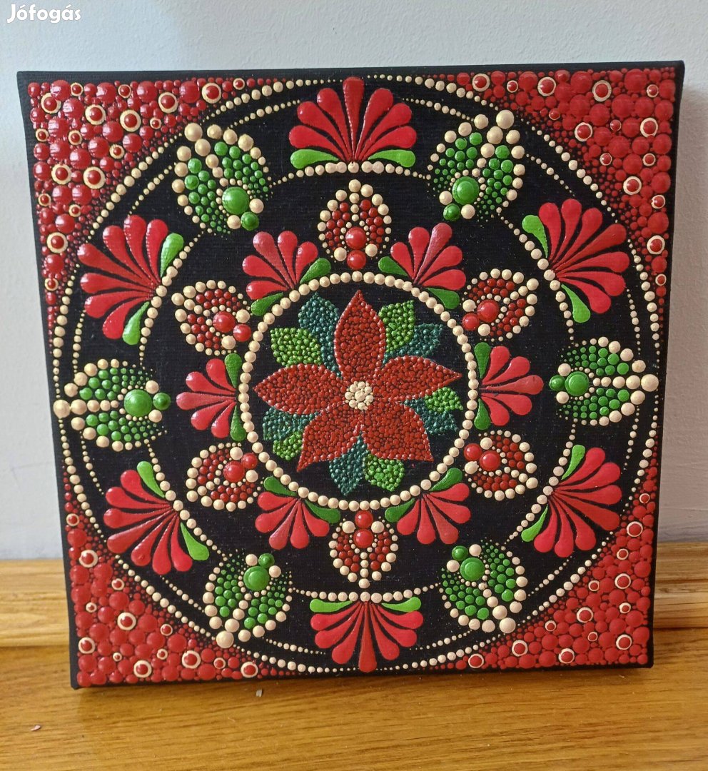 Új! Mikulásvirág piros zöld arany mandala kép kézzel festett 20x20cm