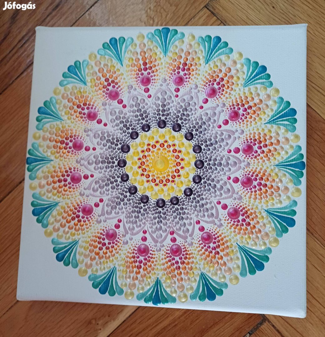 Új! Nyár Mandala feszített vászon kép, kézzel festett, 20x20cm