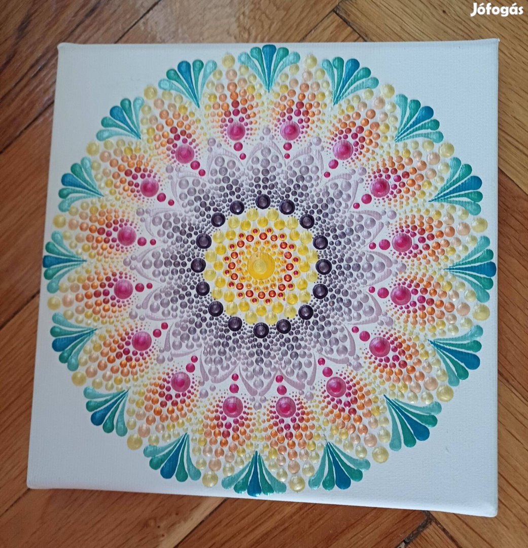 Új! Nyár Mandala feszített vászon kép, kézzel festett, 20x20cm