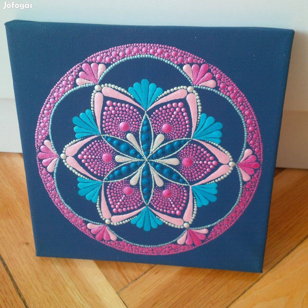 Új! Pink kék mandala kép kézzel festett 20x20cm