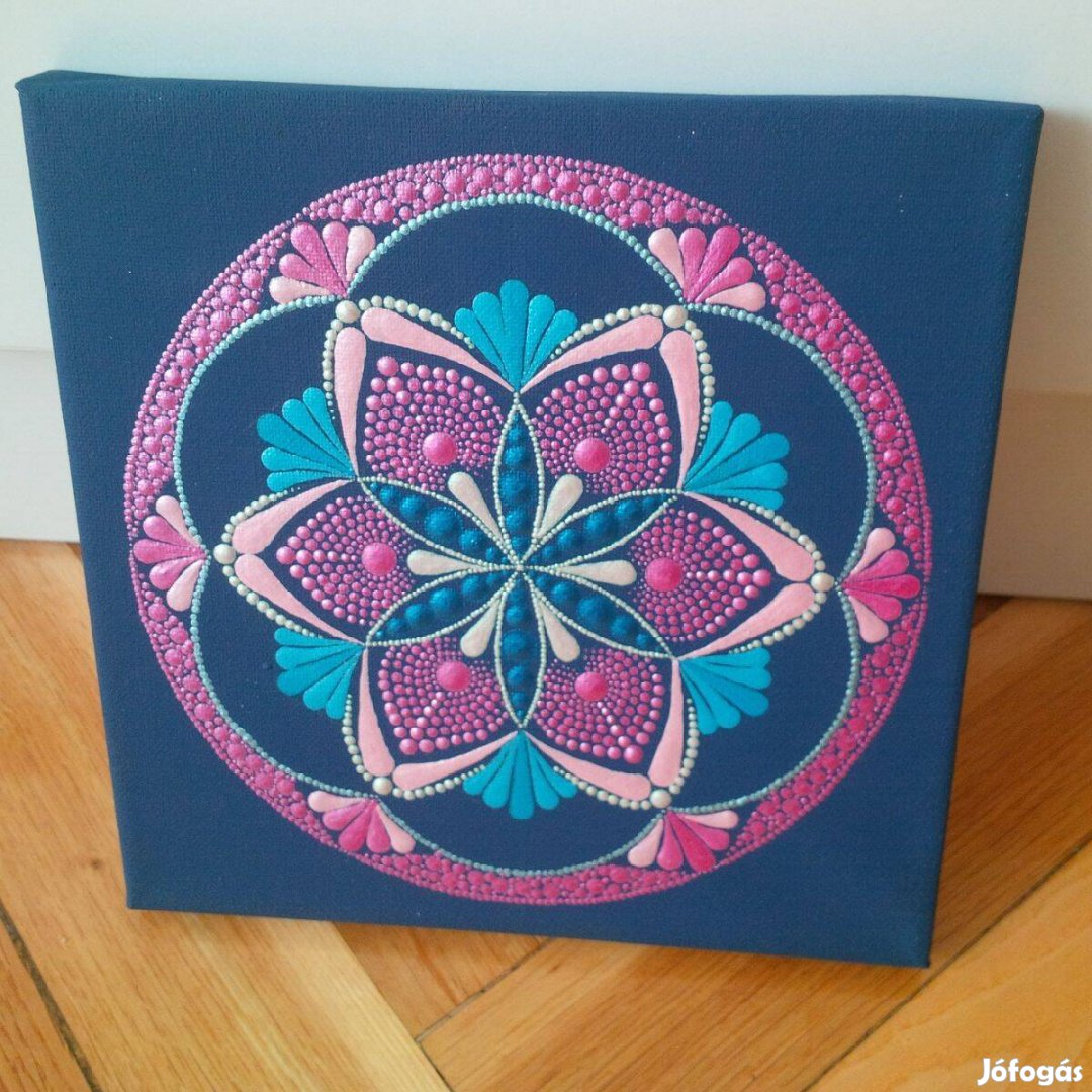 Új! Pink kék mandala kép kézzel festett 20x20cm