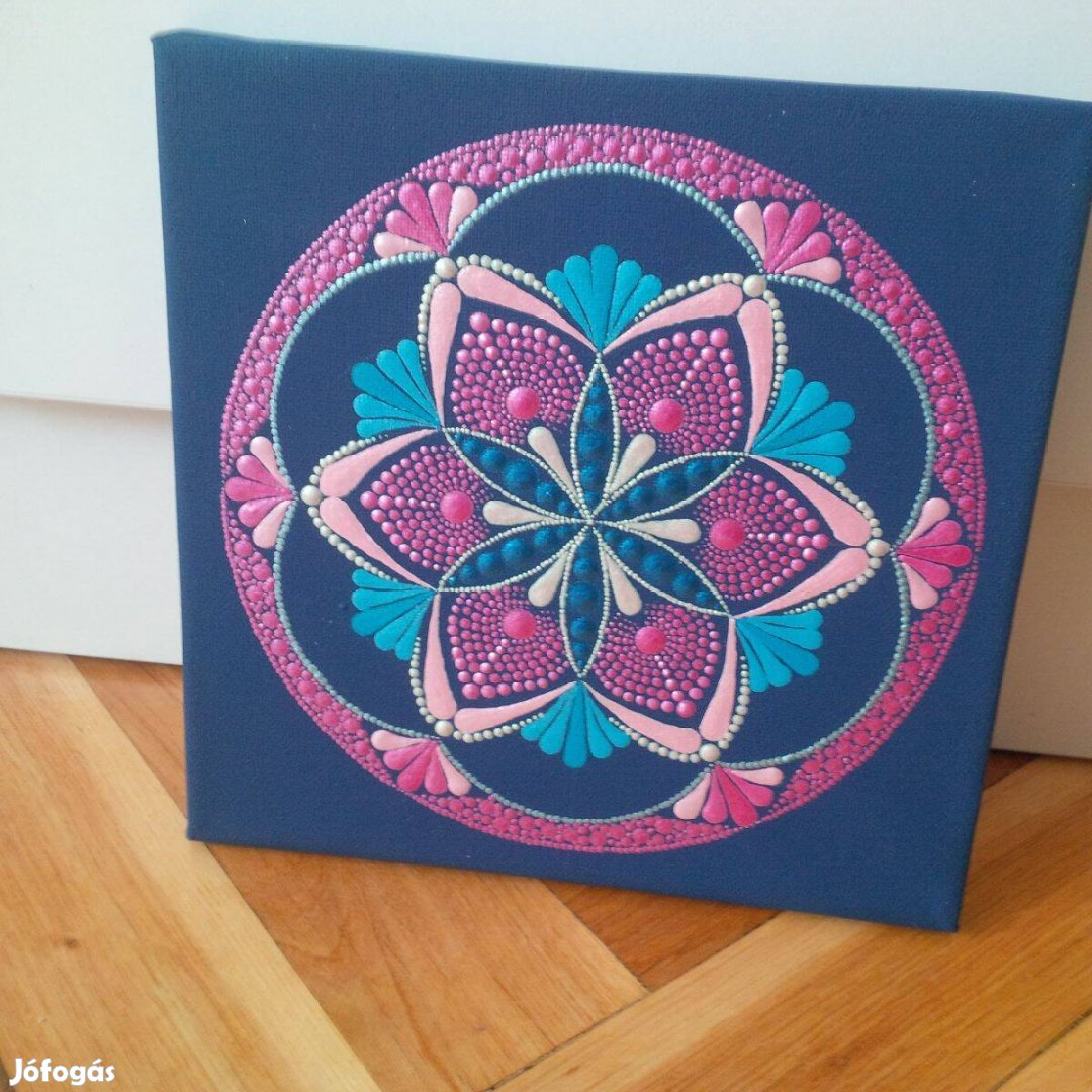 Új! Pink kék mandala kép kézzel festett 20x20cm