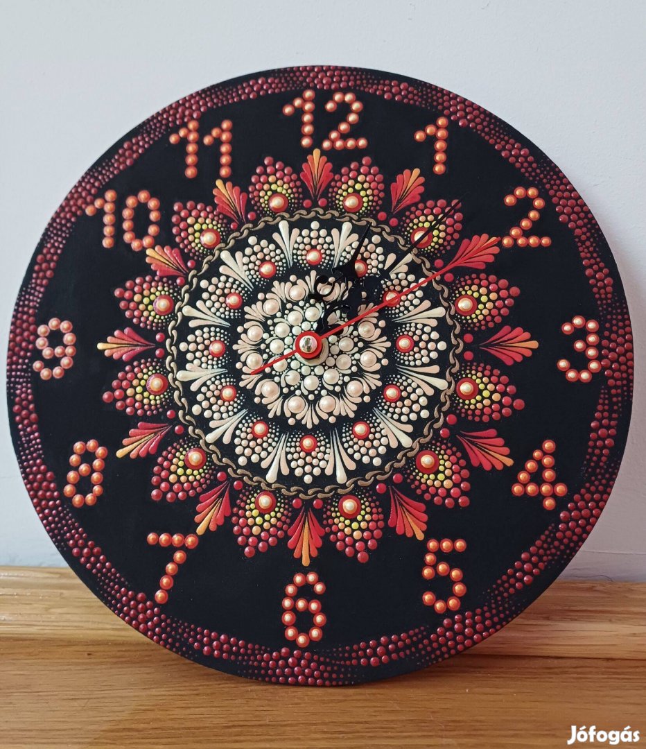 Új! Piros narancs sárga Fali óra mandala dísz, kézzel festett, 25cm