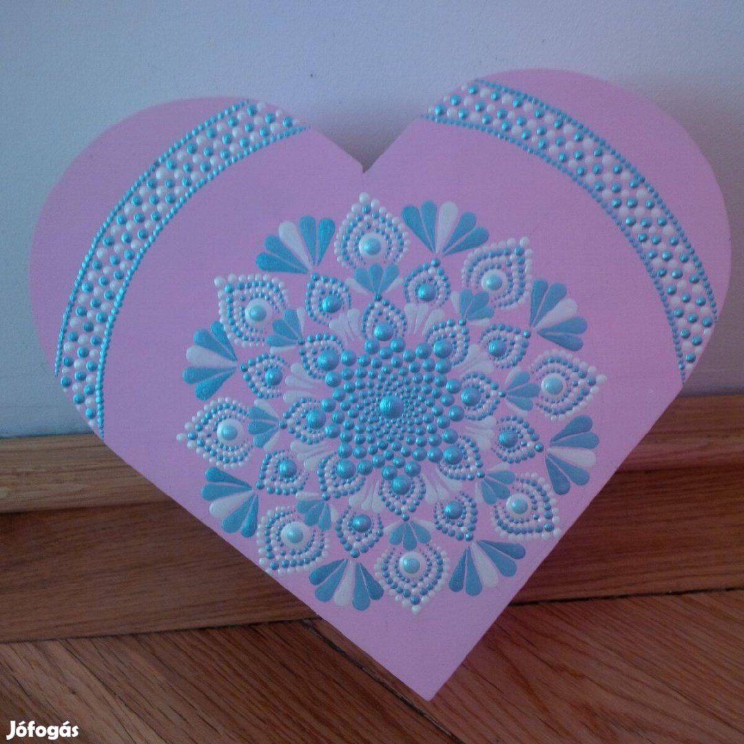 Új! Rózsaszín szív alakú fa doboz, kézzel festett mandala díszítéssel