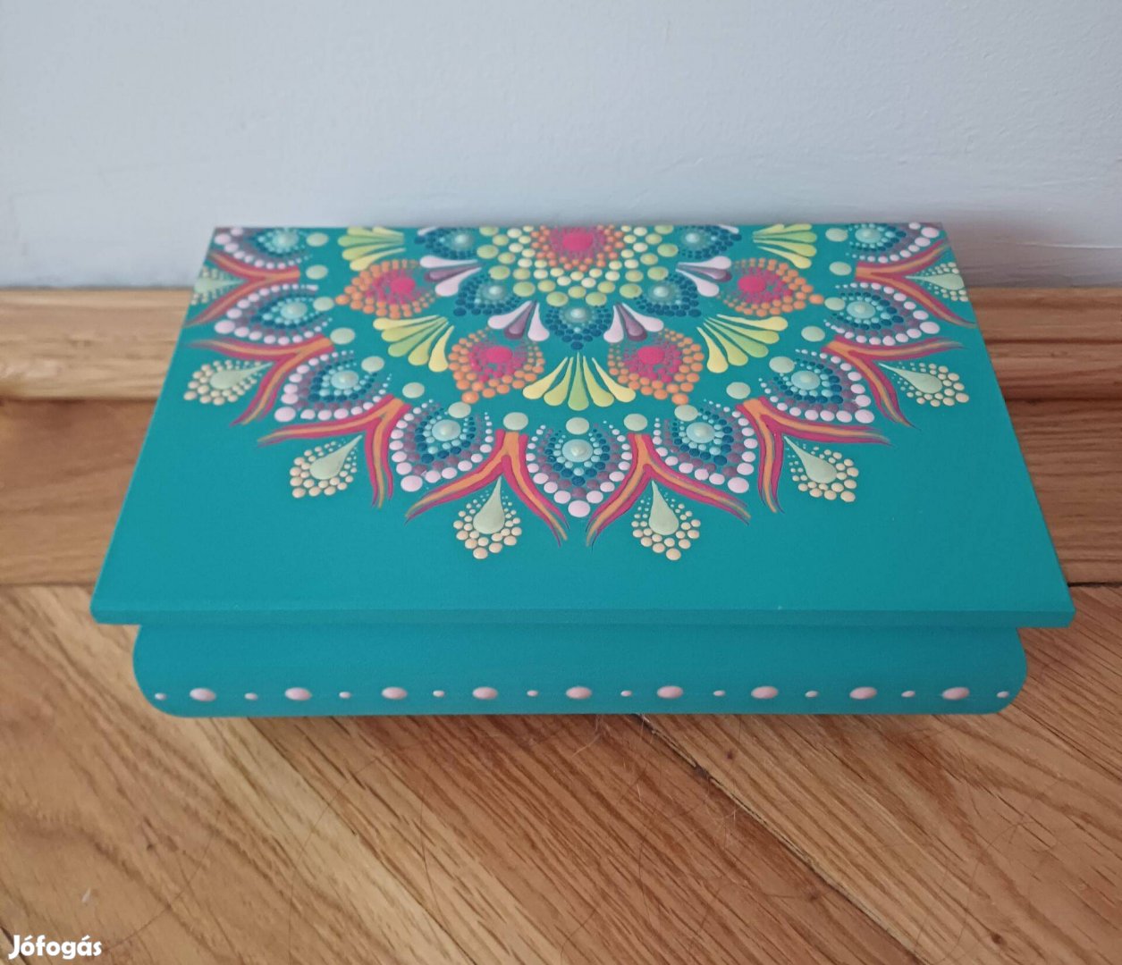 Új! Türkiz fa doboz ékszerdoboz mandala díszítéssel, hippi stílusú