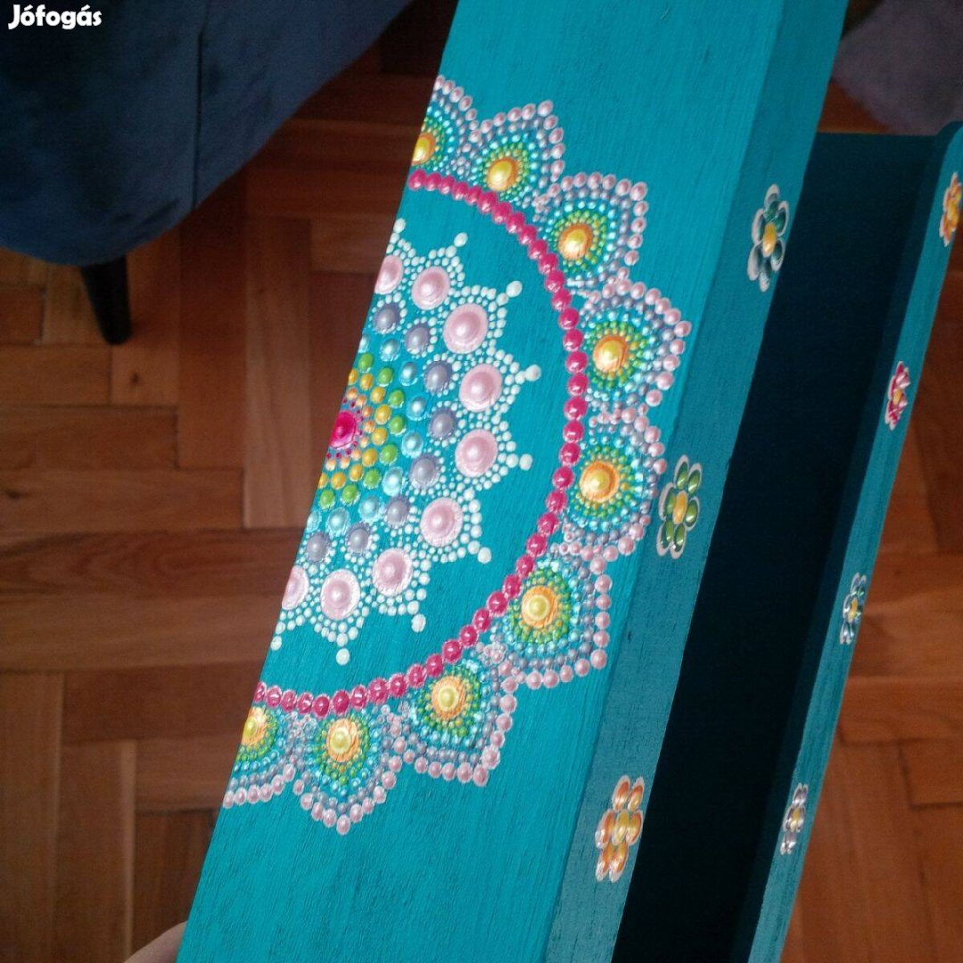 Új! Türkiz fa papírzsebkendő tartó mandala díszítéssel, kézzel festett