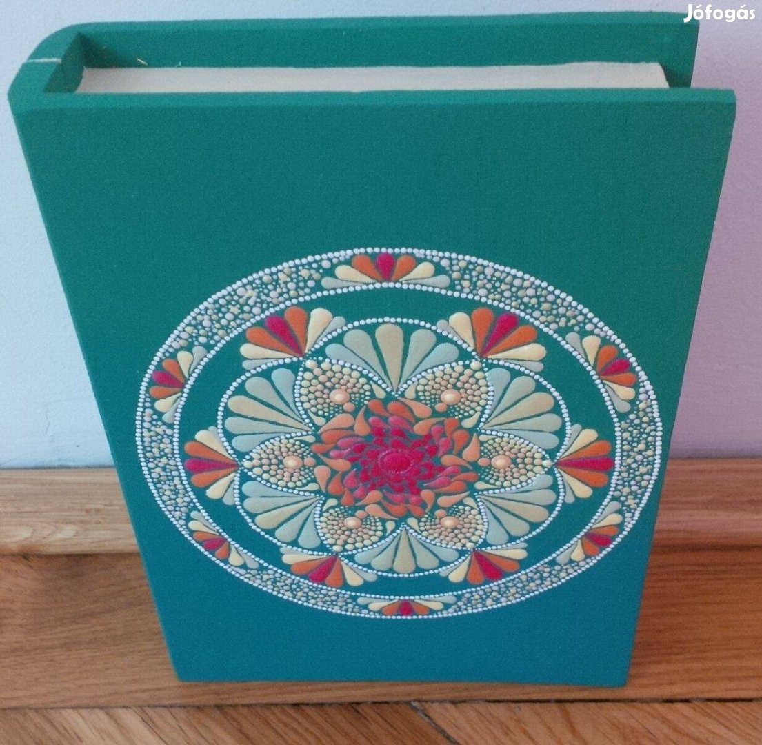 Új! Türkiz könyv alakú fa doboz Belső erő mandala kézzel festett