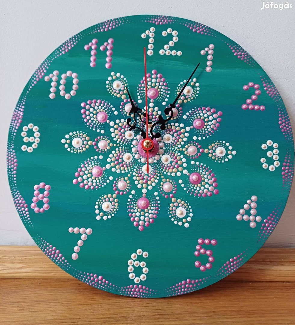 Új! Türkiz pink Fali óra mandala díszítéssel, kézzel festett, 25cm