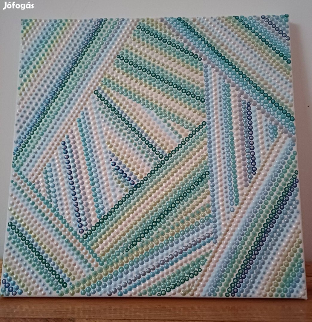 Új! Türkiz pontozott feszített vászon kép, kézzel festett, 30x30cm