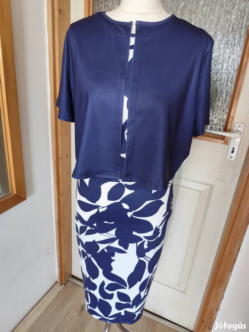Új, alkalmi női ruha+bolero, 48-as méret, kék-fehér