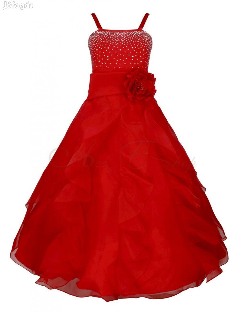 Új, címkés, piros, strasszos 130 cm magasra koszorúslány ruha
