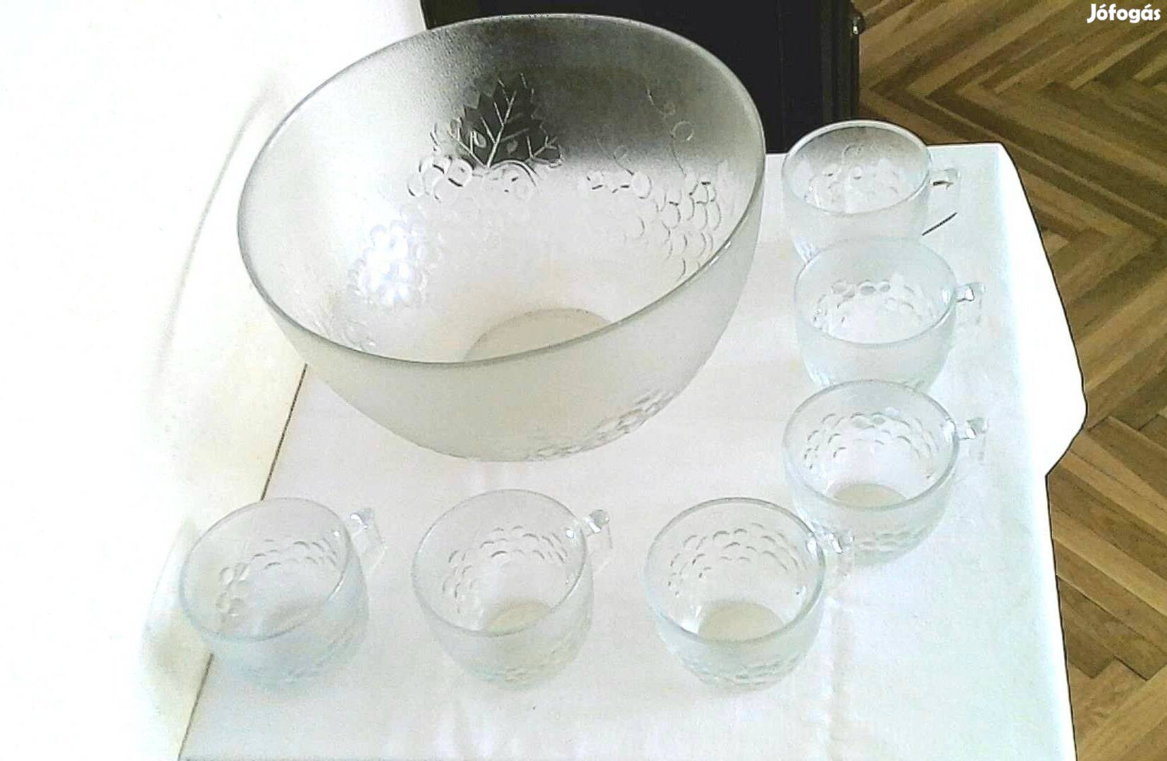 Új, dekoratív szőlő mintás üveg puncsos bólés készlet 6