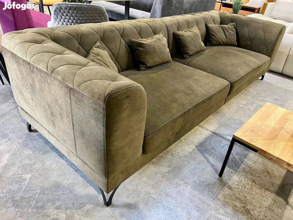 Új, olajzöld bársony, chesterfield jellegű kanapé