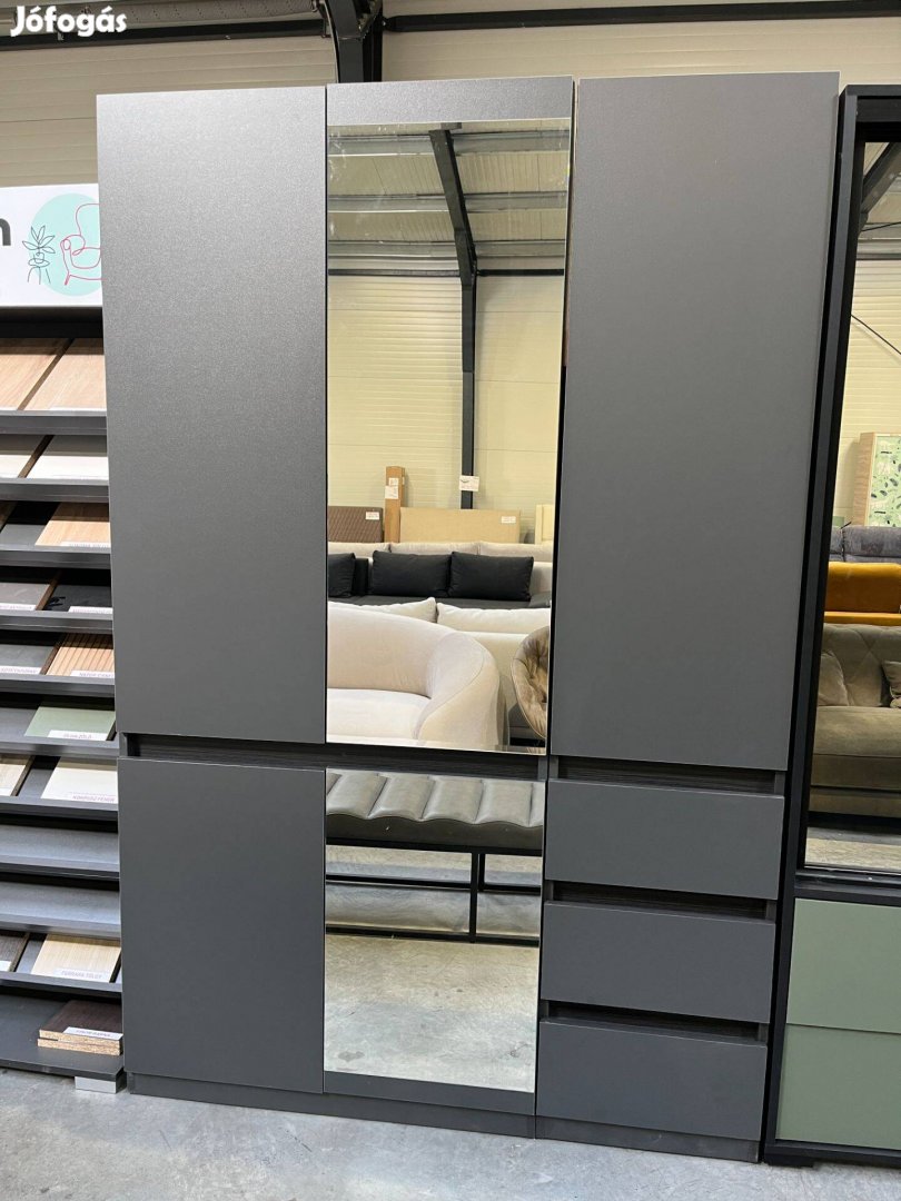 Új, tükrös, akasztós, fiókos 135x207x50cm antracit szürke