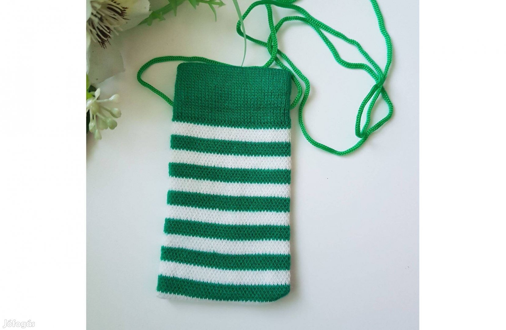 Új, zöld-fehér csíkos, retro textil telefontok nyakba akaszthatóval