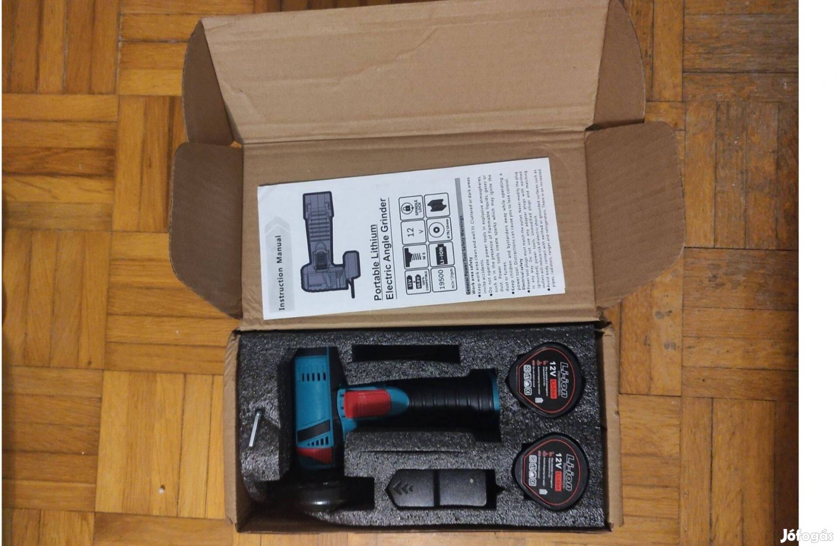 Új akkus Mini sarokcsiszoló 2x 12V akkuval, hordozható, 2x 76mm tárcsa