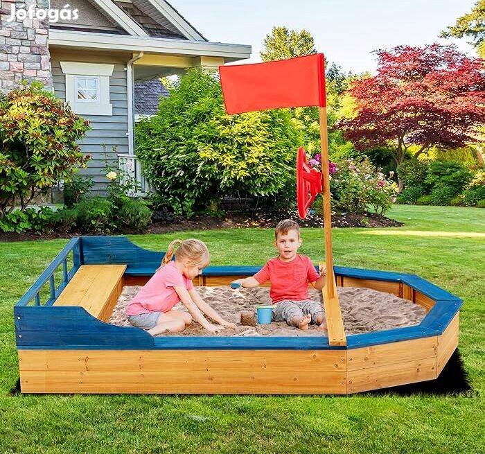 Új csónak hajó formájú fa homokozó pad gyerek játszóház játék