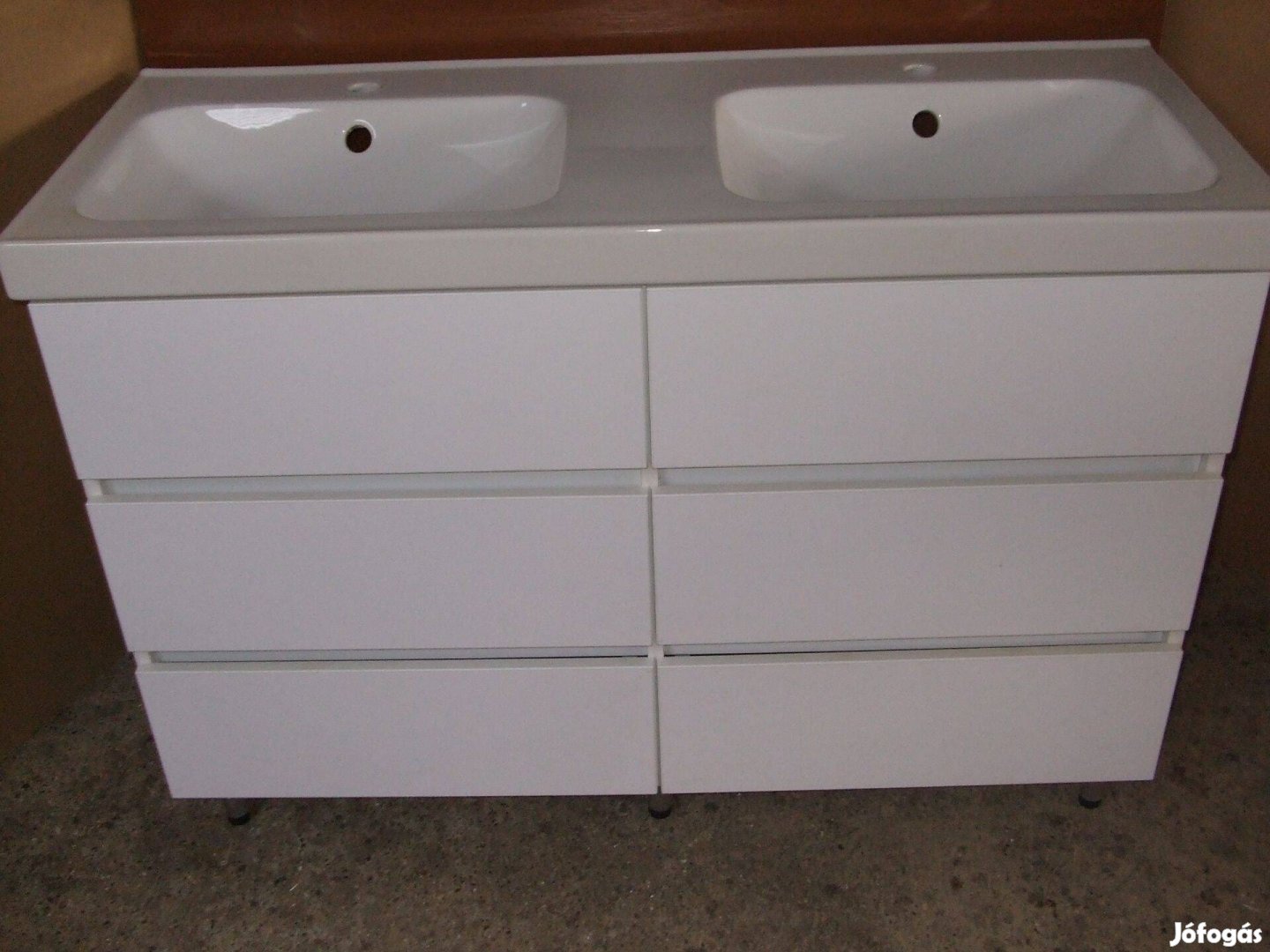 Új dupla mosdószekrény magasfényű fehér 6 fiókos bútor 120 cm széles