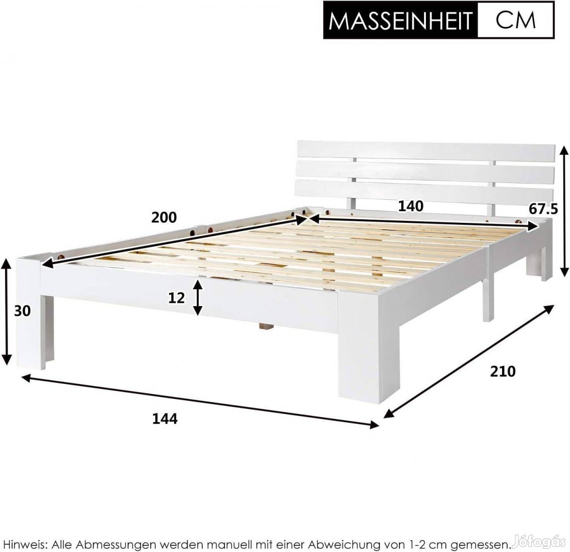 Új fehér tömör fa franciaágy 140x200cm