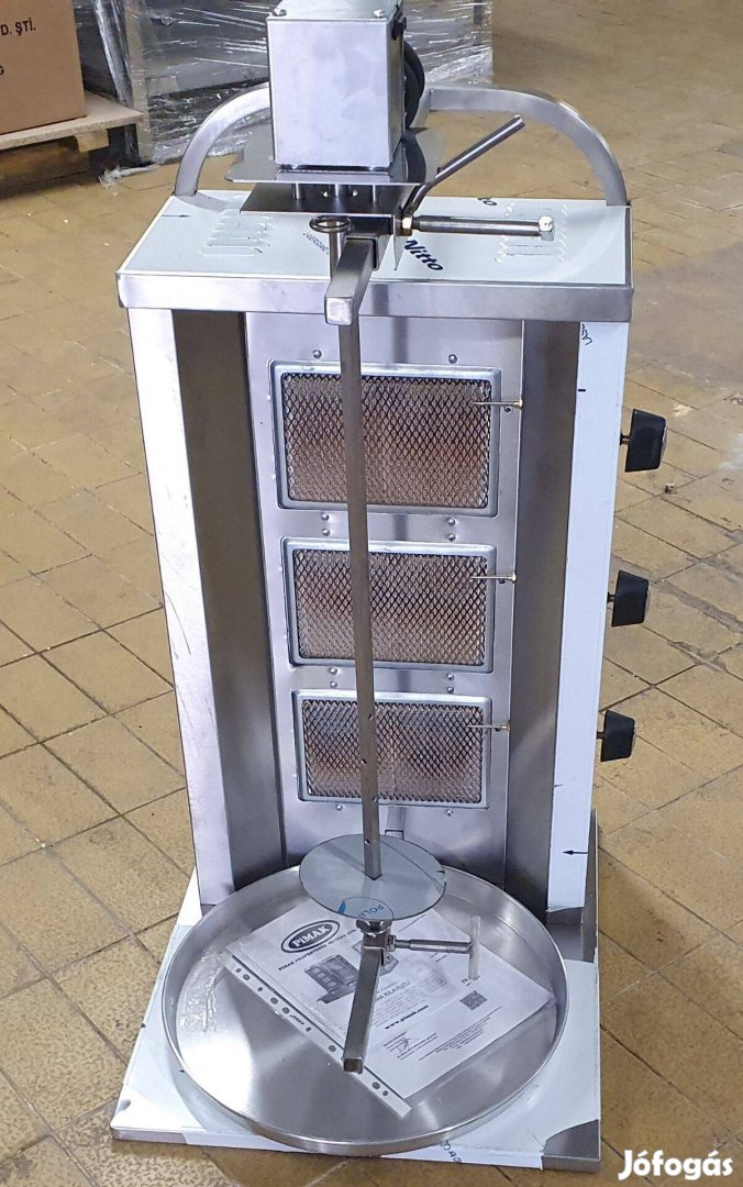 Új inox fóliás ipari motoros 3 égős gyros gyrossütő gyroskészitő kebab