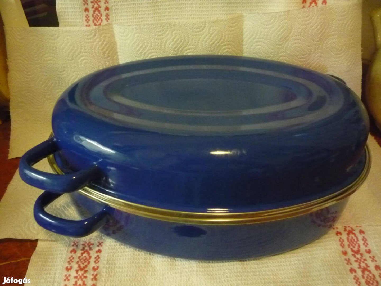 Új kék színű zománcozott nagyméretű szárnyas sütőtál tetővel