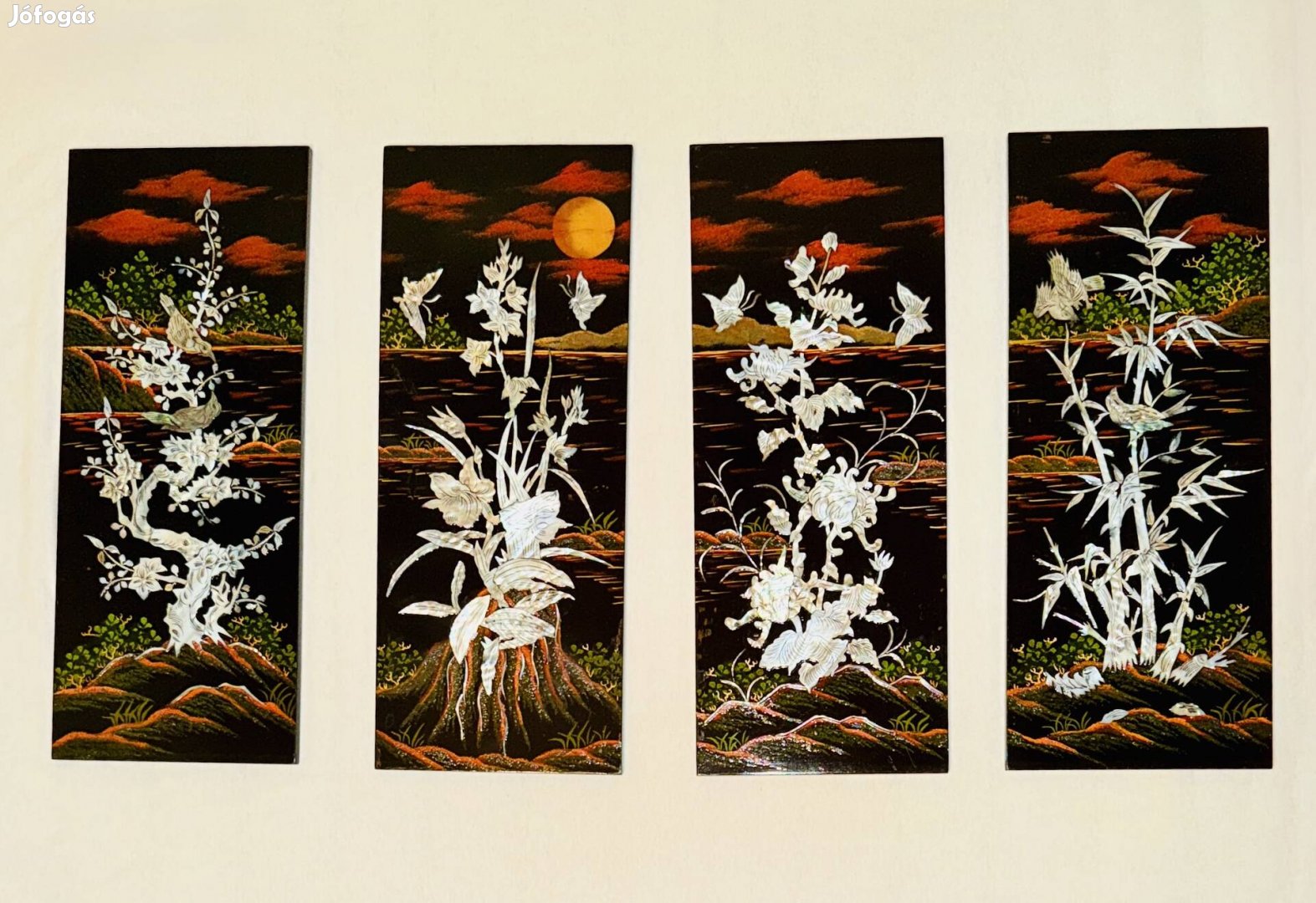 Új keleti ázsiai gyöngyház berakásos lakkozott falikép,