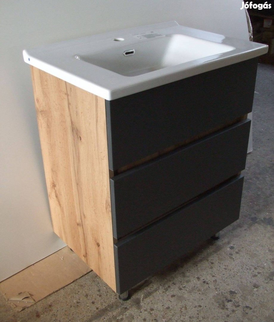 Új mosdószekrény 3 fiókos tölgy antracit fürdőszoba bútor 65 cm széles