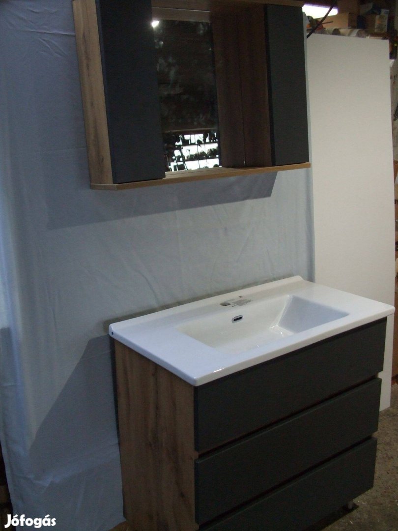 Új mosdószekrény tükrös felső tölgy antracit fürdőszoba bútor 85 cm