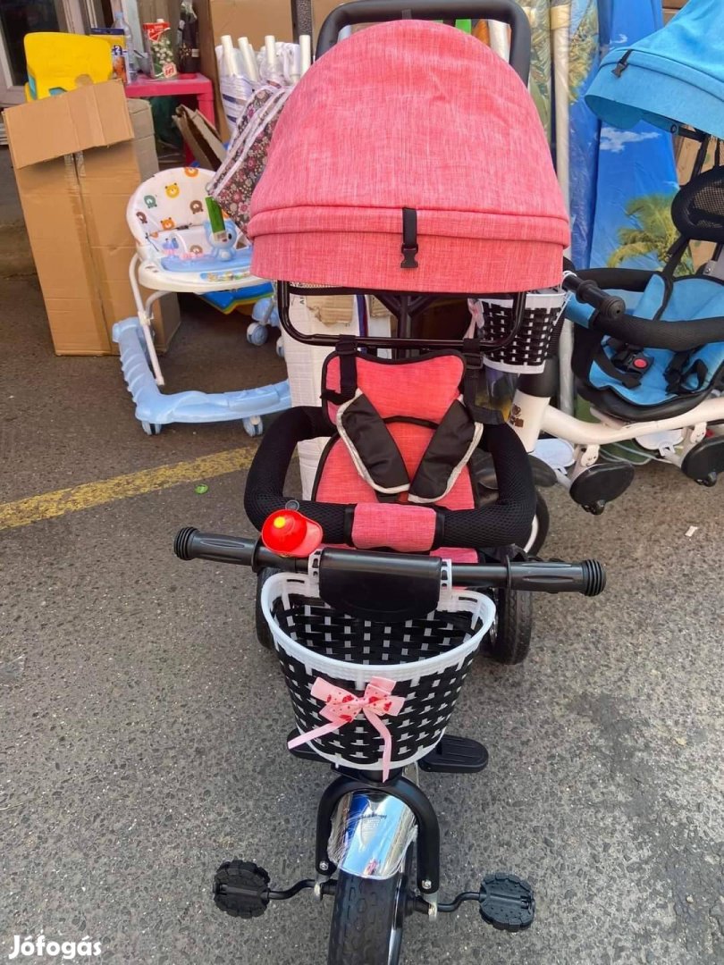 Új szülőkaros tricikli, forgatható ülés, biztonsági öv, rózsaszín 