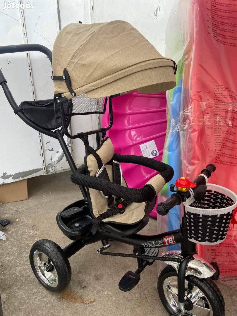 Új szülőkaros tricikli forgatható ülés biztonsági öv karfás bézs 