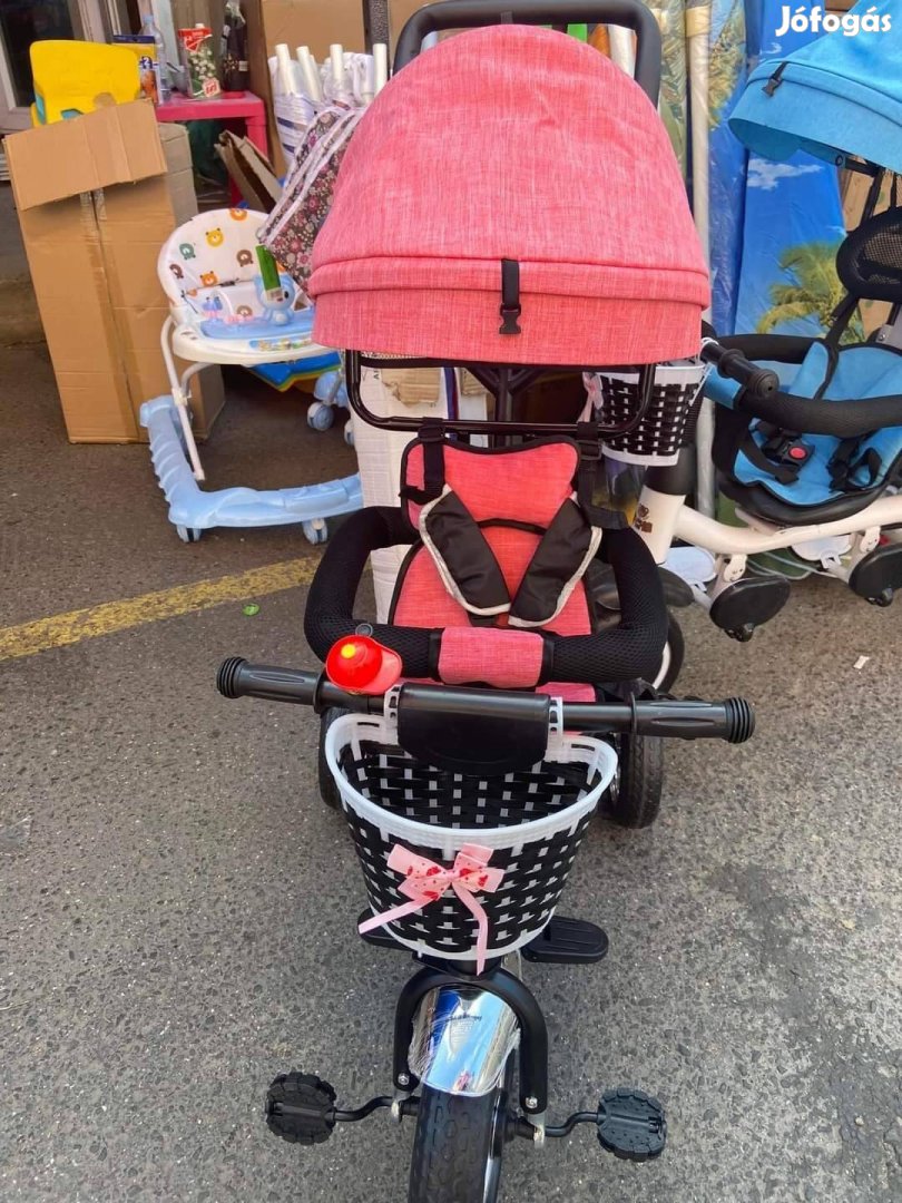 Új szülőkaros tricikli forgatható ülés biztonsági öv rózsaszín 