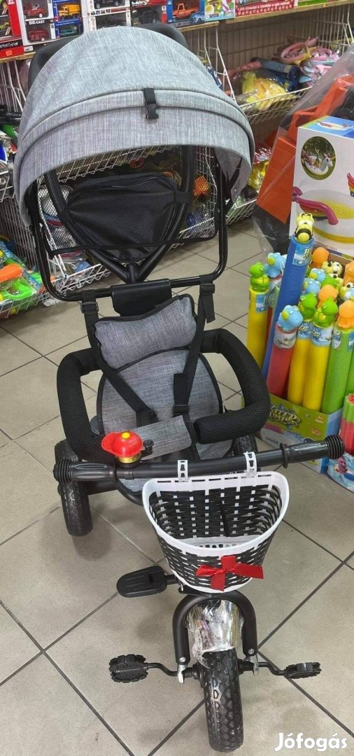 Új szülőkaros tricikli forgatható ülés biztonsági öv szürke 