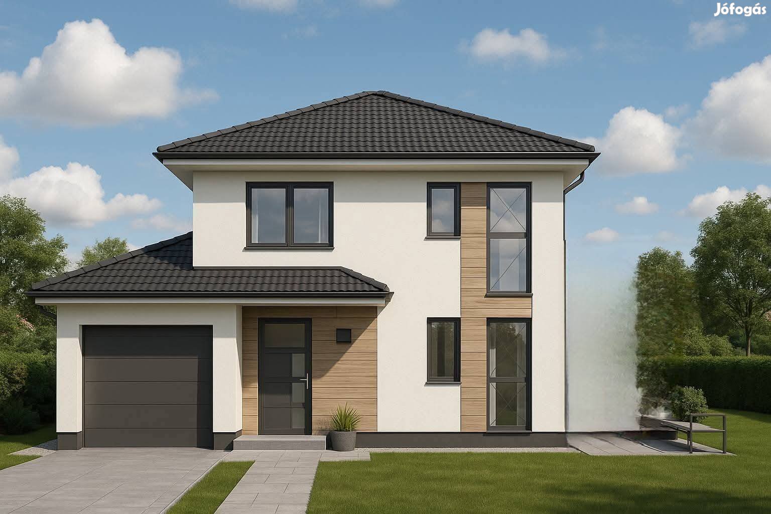 Újépítésű, csak garázsnál érintkező, két fürdőszobás