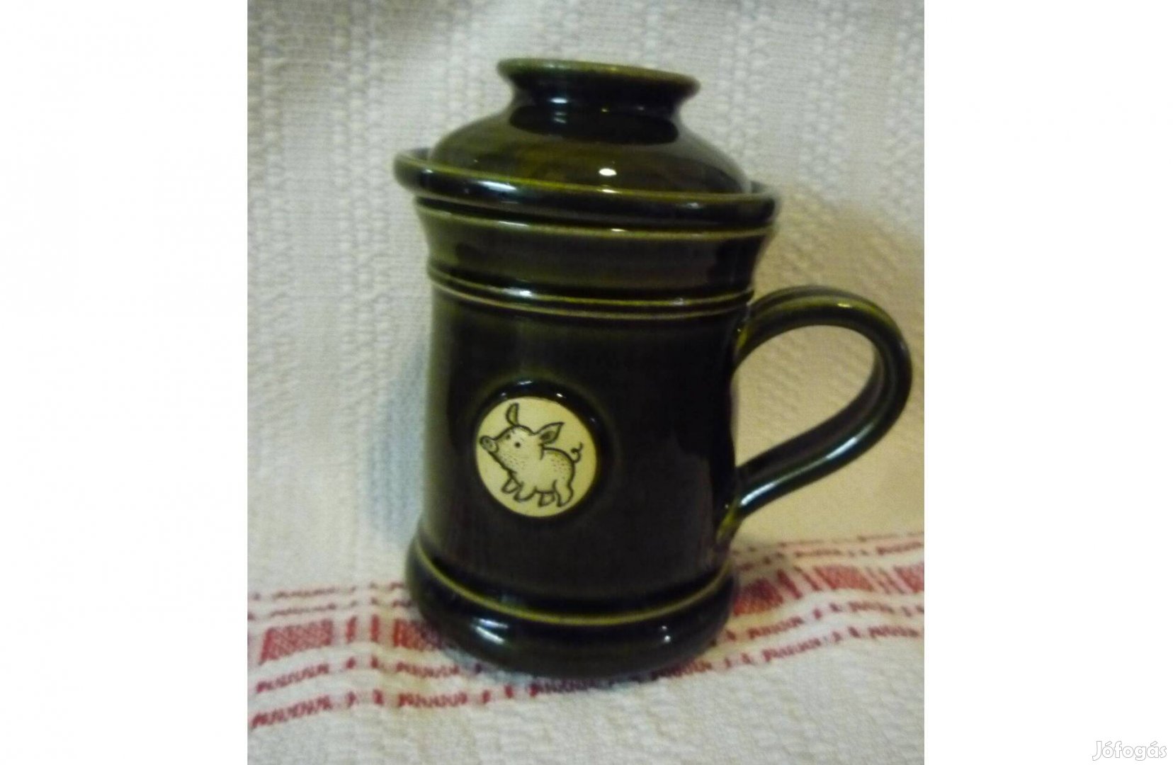 Újszerű Máté Géza méregzöld malackás bögre szűrővel,tetővel