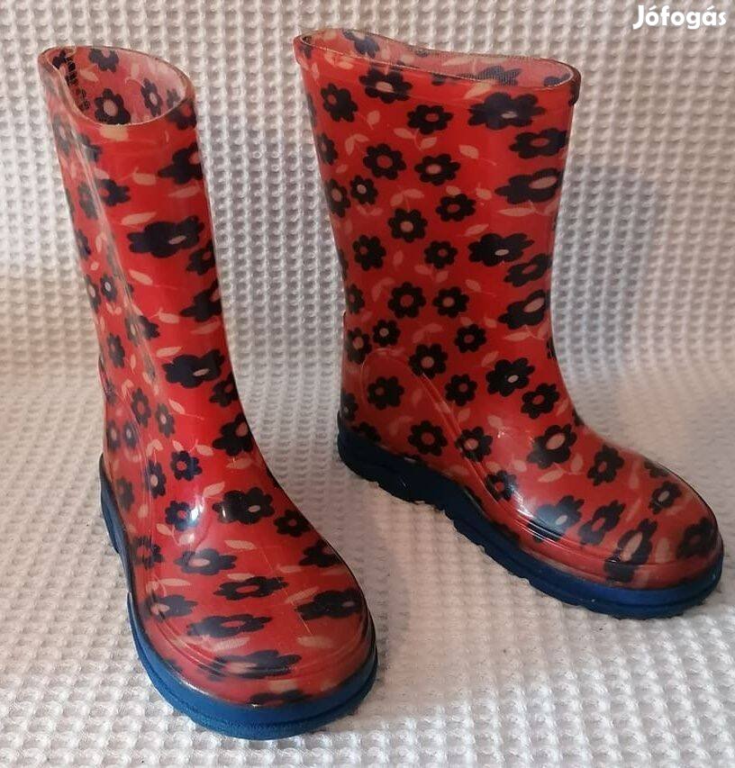 Újszerű Piros Virágmintás Lányka Gyerek Gumicsizma 25 méret