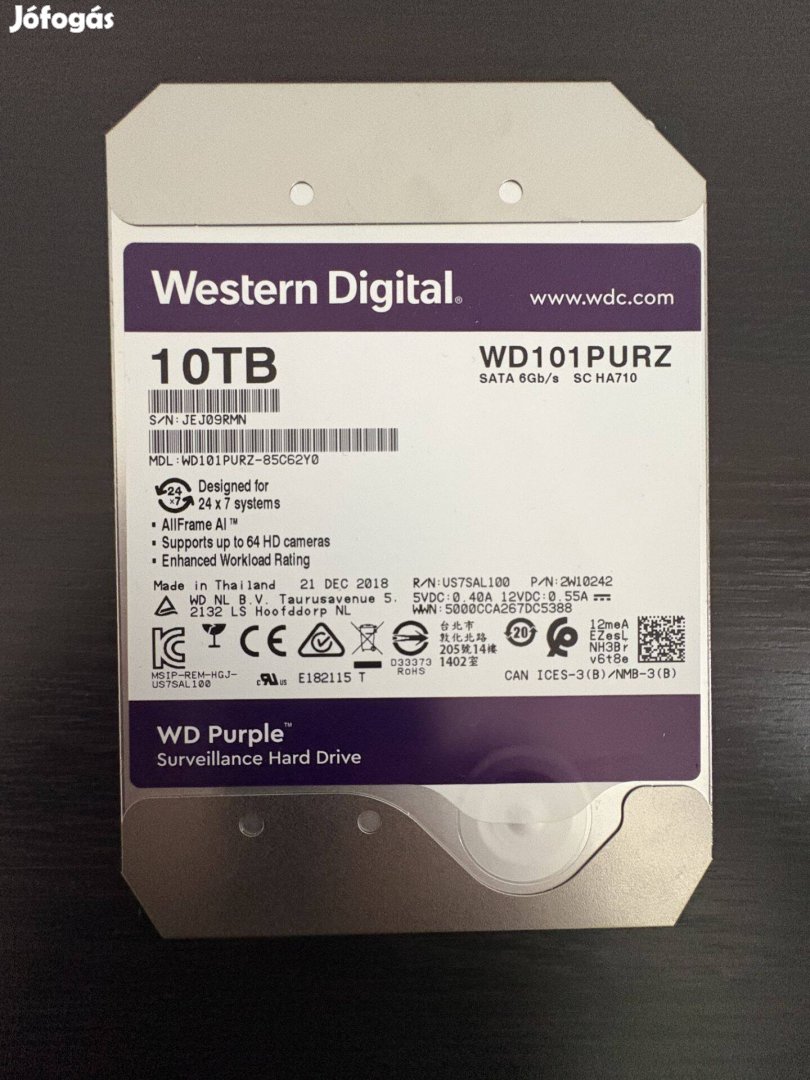 Újszerű Western Digital Purple 10TB (WD101Purz) SATA3 eladó