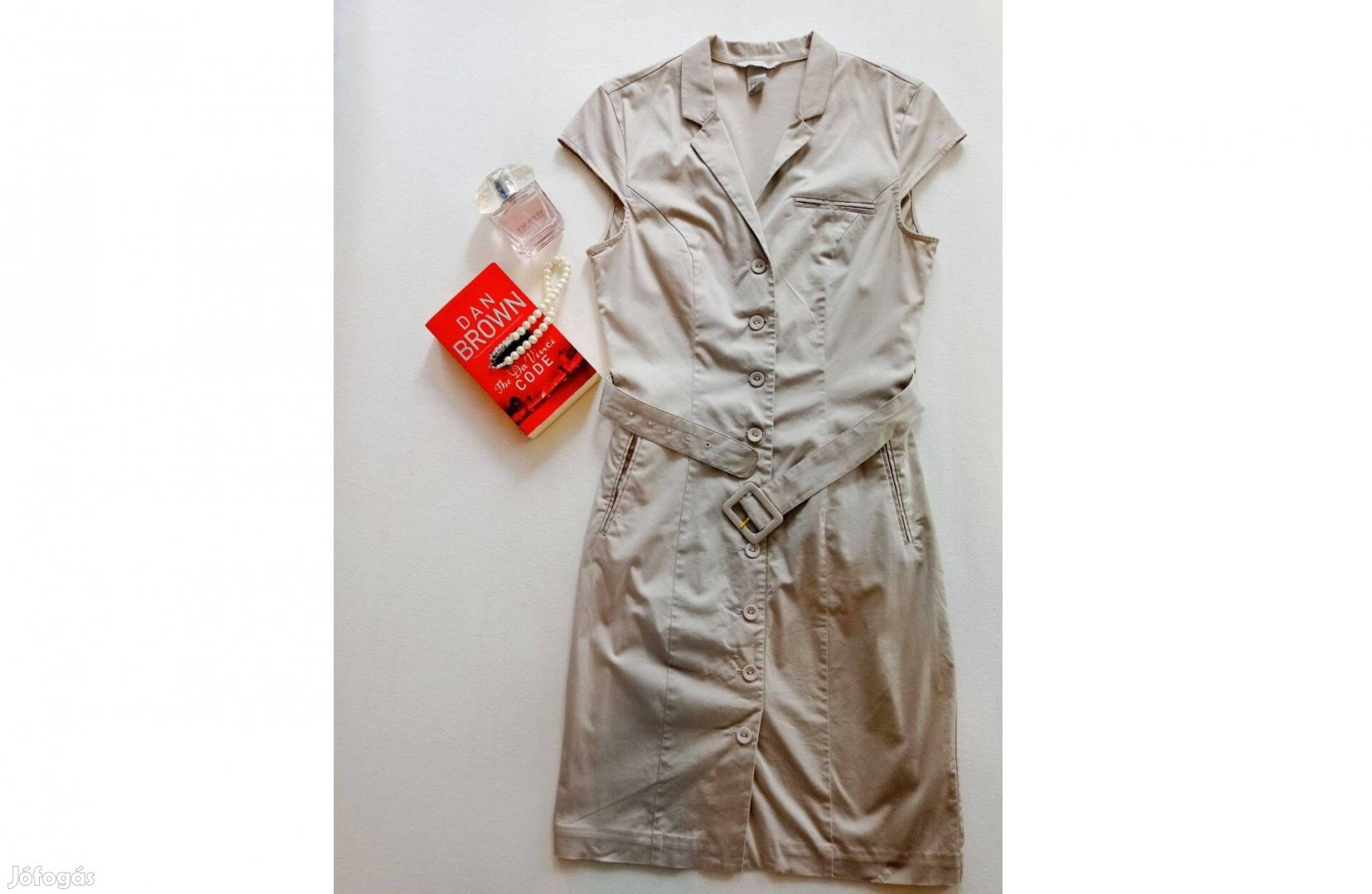 Újszerű, drapp, gombos, zsebes, pamut H&M midi ruha, övvel - 38
