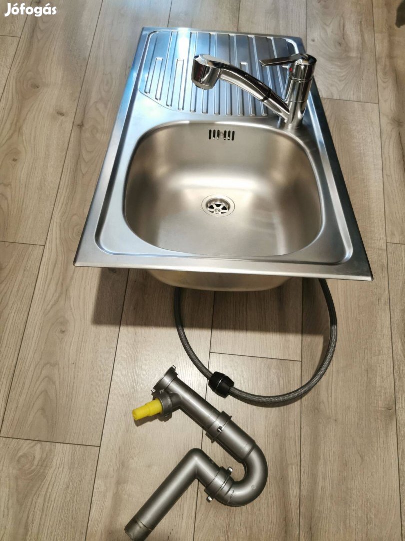 Újszerű rozsdamentes mosogató, csapteleppel, szifonnal