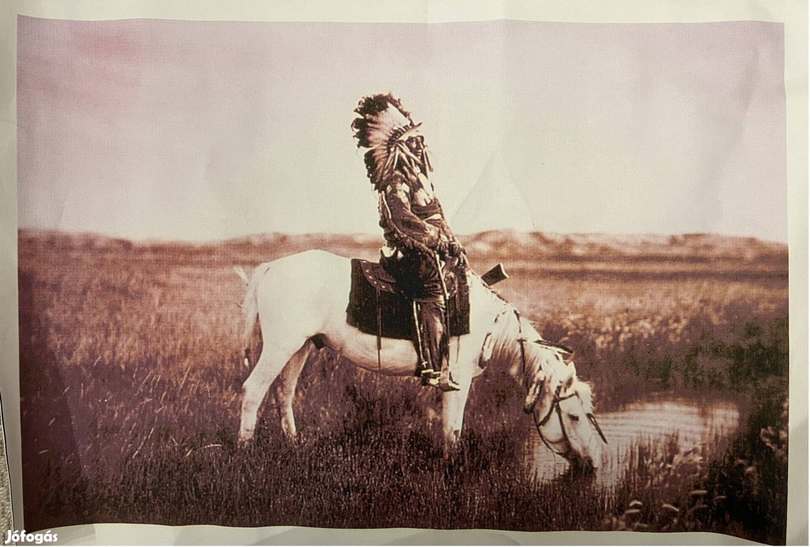 Ülő Bika a lovát itatja - vászonkép japán technológiával, 40x60 cm, fe