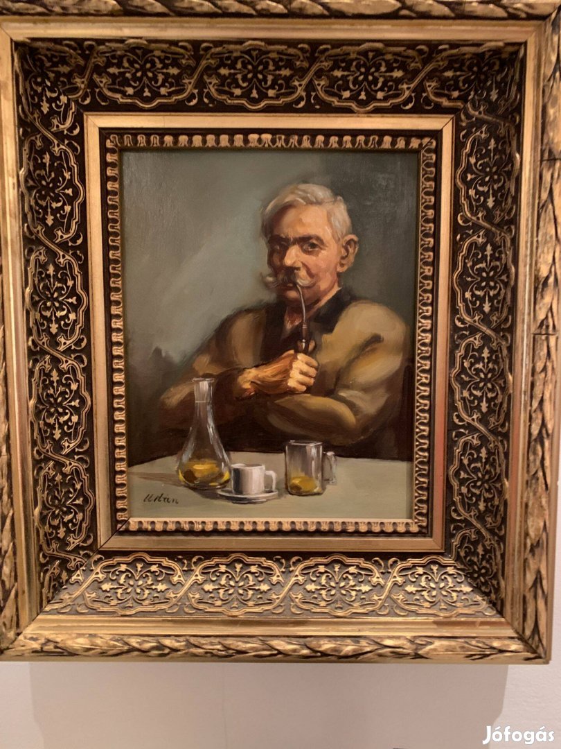 Urbán Gábor pipázó férfi portré olaj festmény vásznon keretben eladó