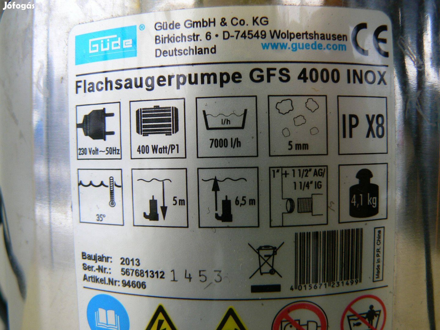 Úszó automatával, Inox sekély víz szivattyú, 7000liter/óra vízhozammal