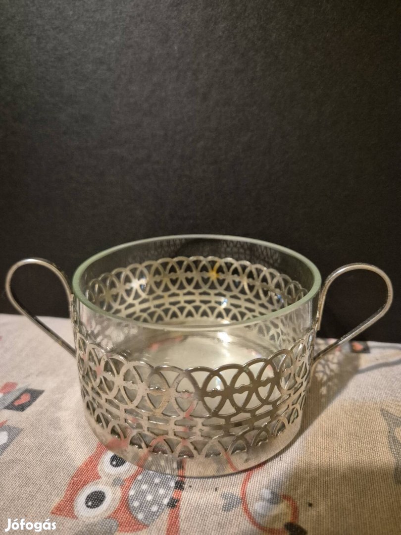 Üveg cukortartó fém kosárban - vintage