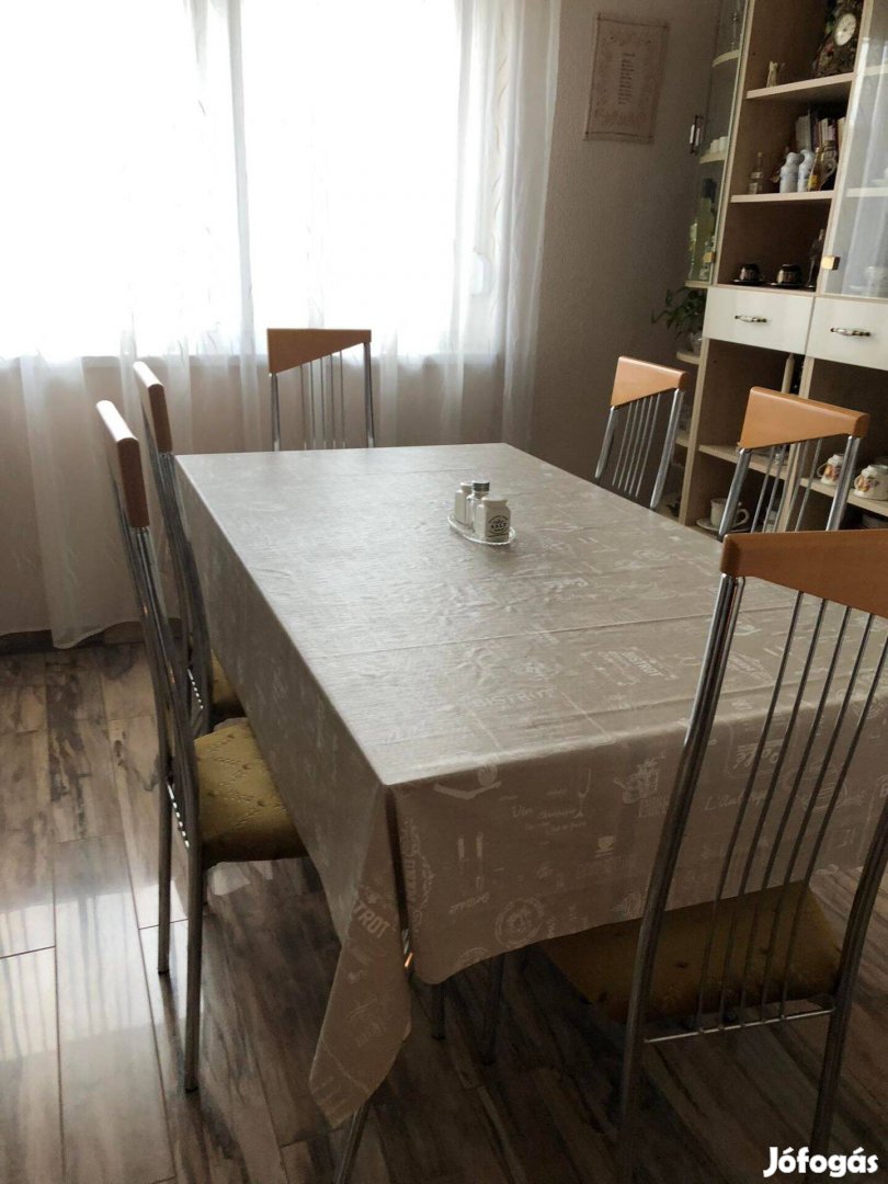 Üveg étkezőasztal+6db fém és kárpitos étkező szék együtt