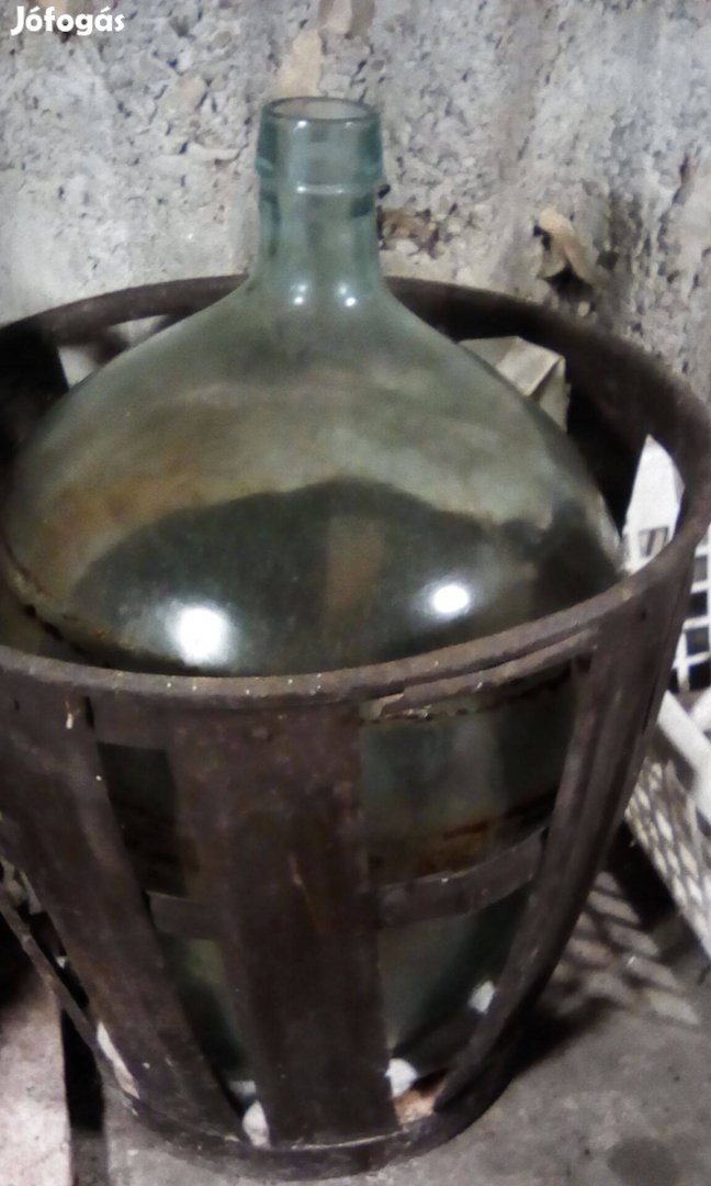Üvegballon demizson pálinka bor tárolás 55x34 40L vas kosár tartóval